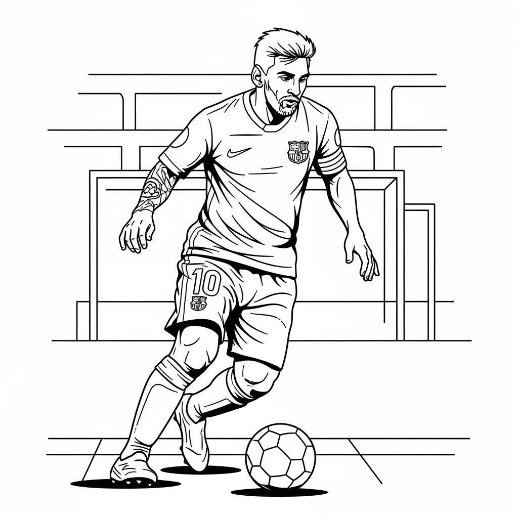 Ausmalbild: Messi spielt Fußball
