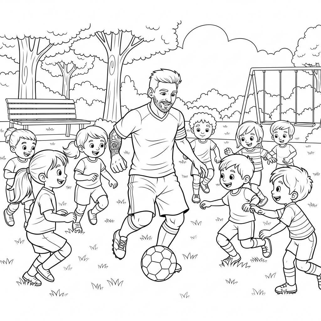 Malvorlage Messi mit Kindern