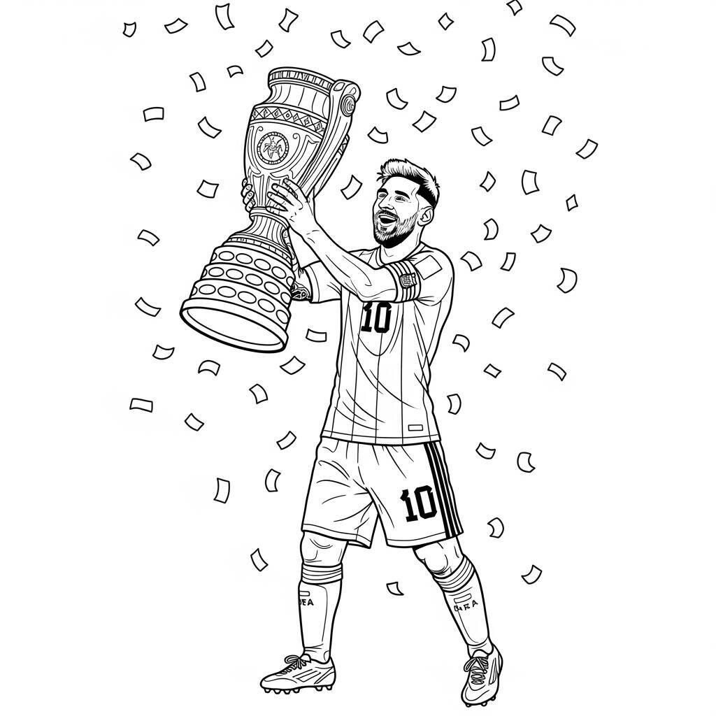 Malvorlage Messi mit Trophäen