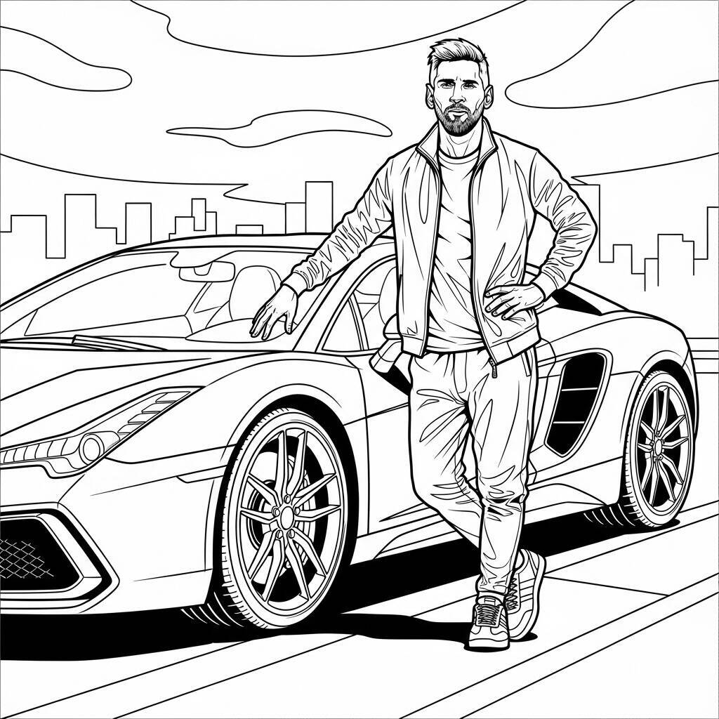 Ausmalbilder Messi und sein Auto