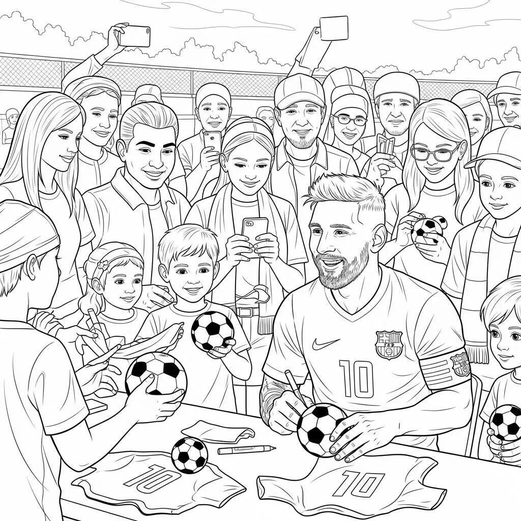 Desenho de Messi e Seus Fãs para Colorir