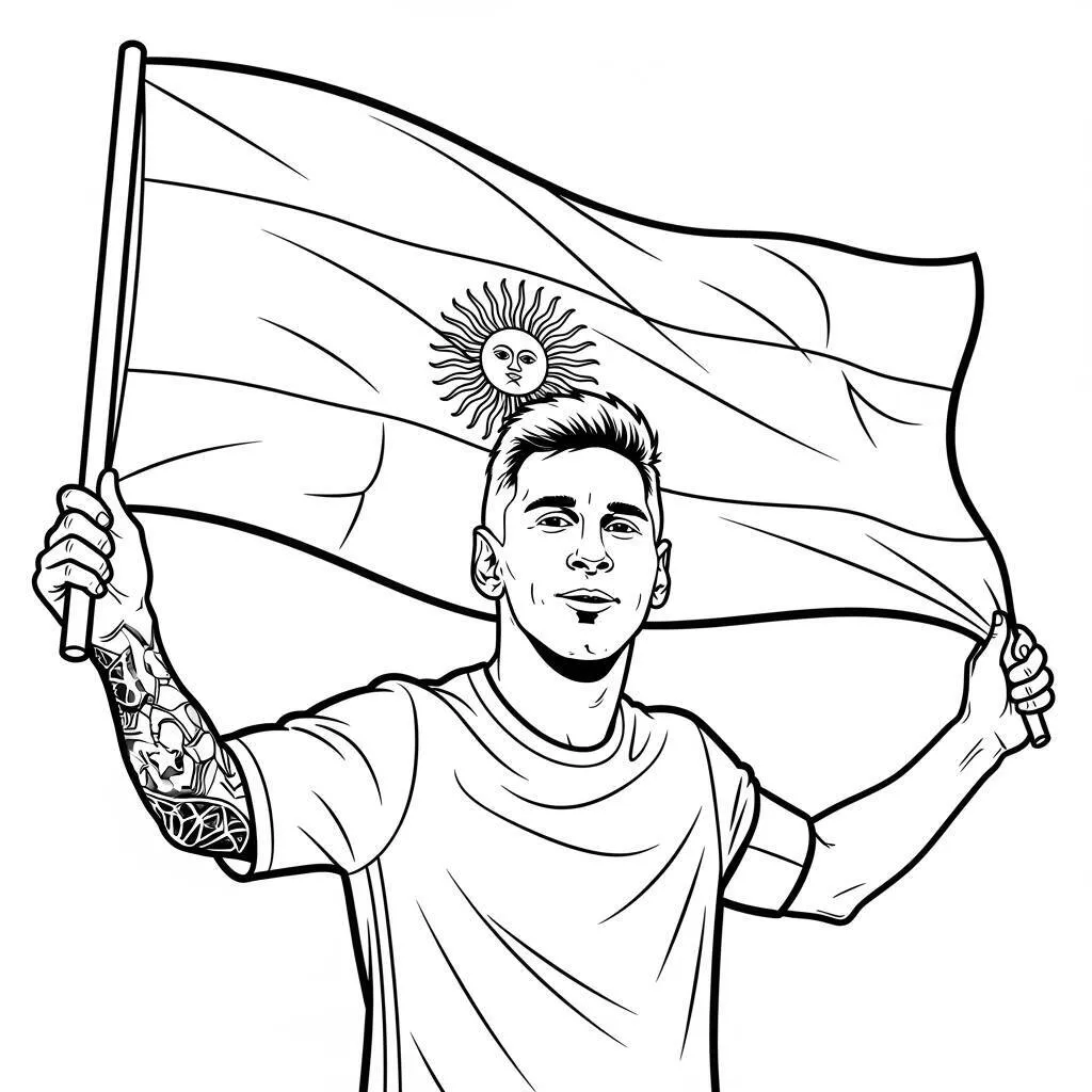 Desenho de Messi e a Bandeira da Argentina para Colorir