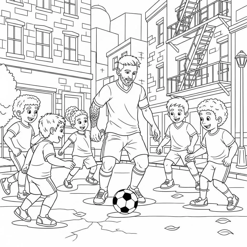 Desenho-de-Messi-e-o-Futebol-de-Rua-para-Colorir Desenho de Messi e o Futebol de Rua para Colorir