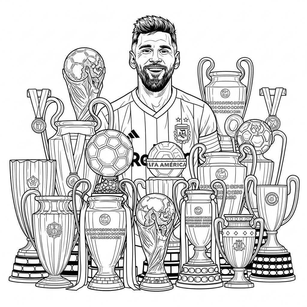 Ausmalbild: Messi und die Fußballtrophäen