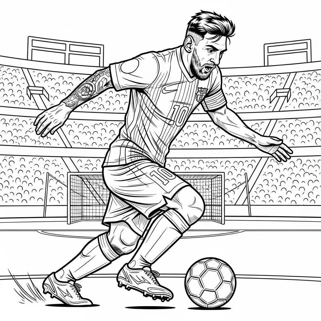 Messi in Aktion mit Ball-Malvorlage