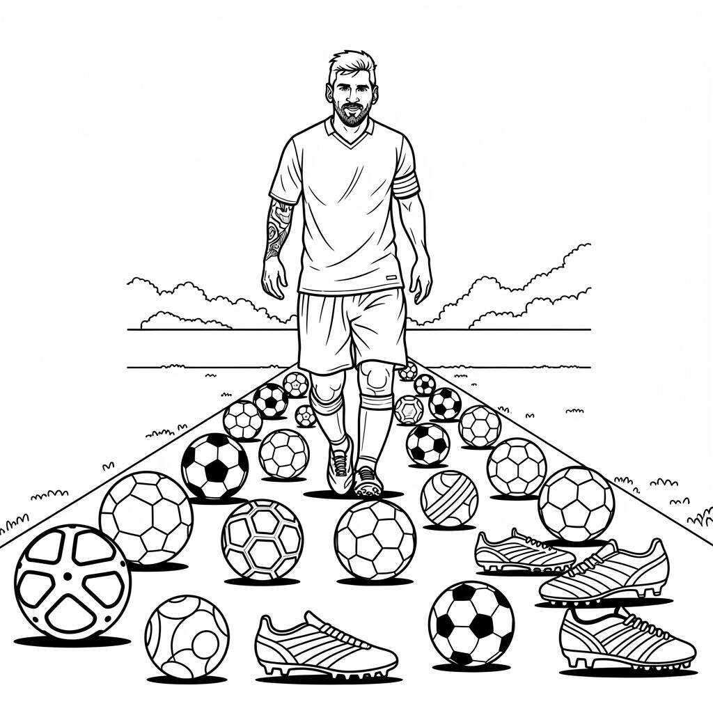 Ausmalbild: Messi auf einem Fußballpfad