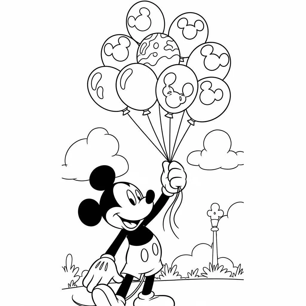 Desenho de Mickey Mouse com Balões para Colorir
