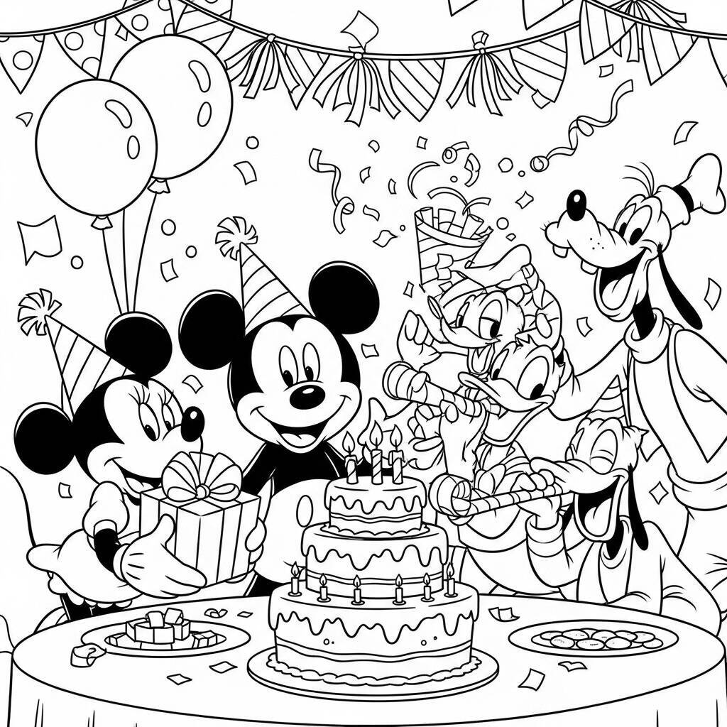 Desenho de Mickey Mouse e Amigos em Uma Festa para Colorir