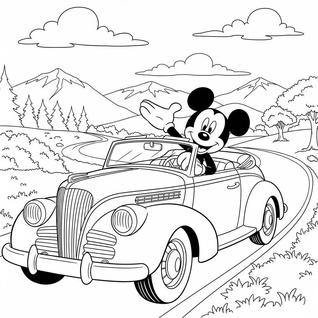 Desenho de Mickey Mouse e seu Carro Clássico para Colorir