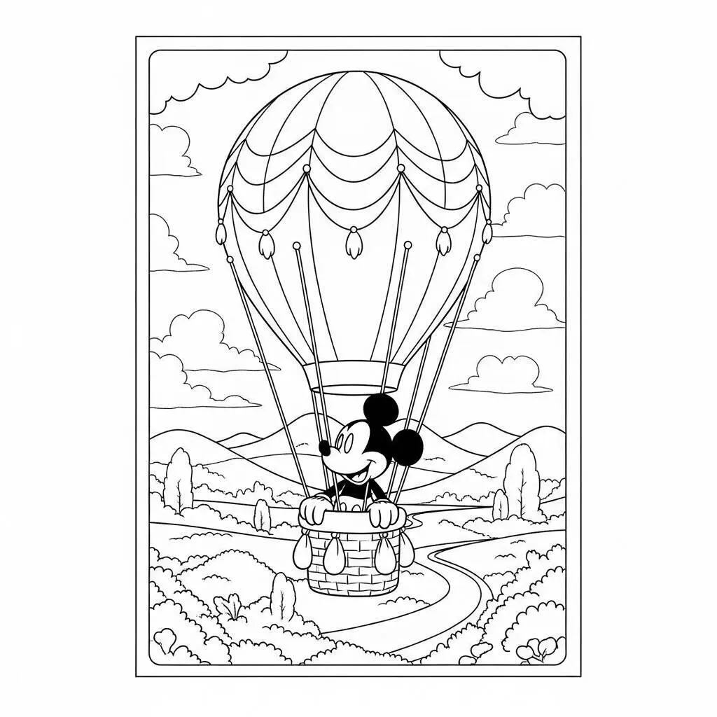 Desenho de Mickey Mouse e um Balão de Ar Quente para Colorir