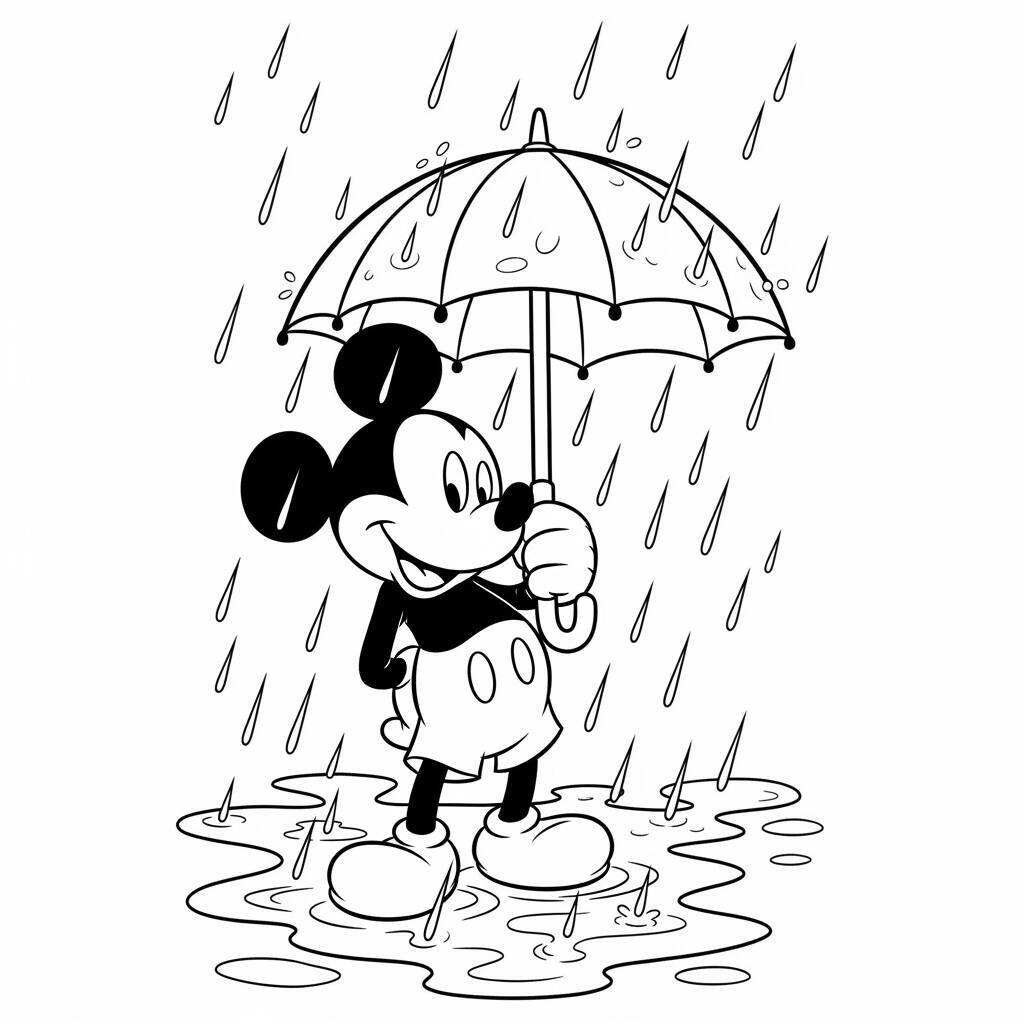Desenho de Mickey Mouse e um Dia de Chuva para Colorir