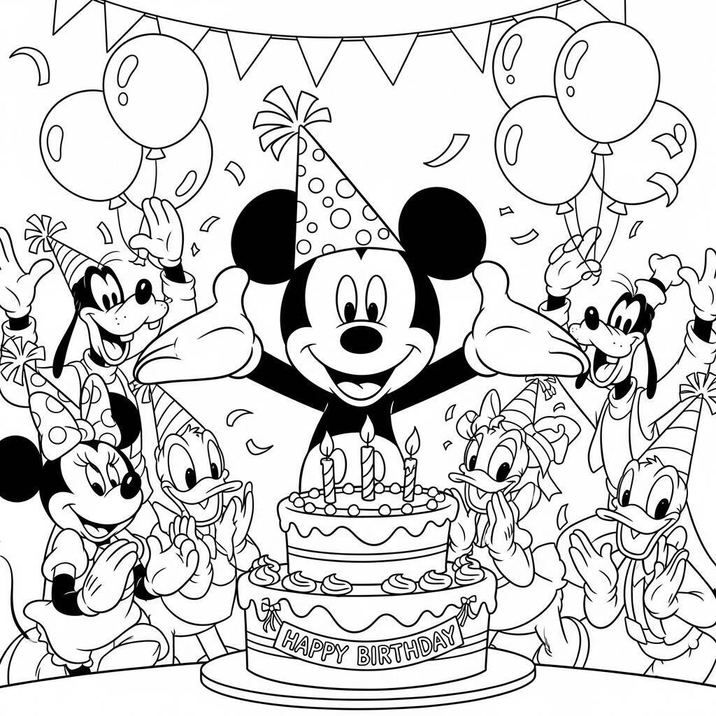 Desenho de Mickey Mouse e uma Festa de Aniversário para Colorir