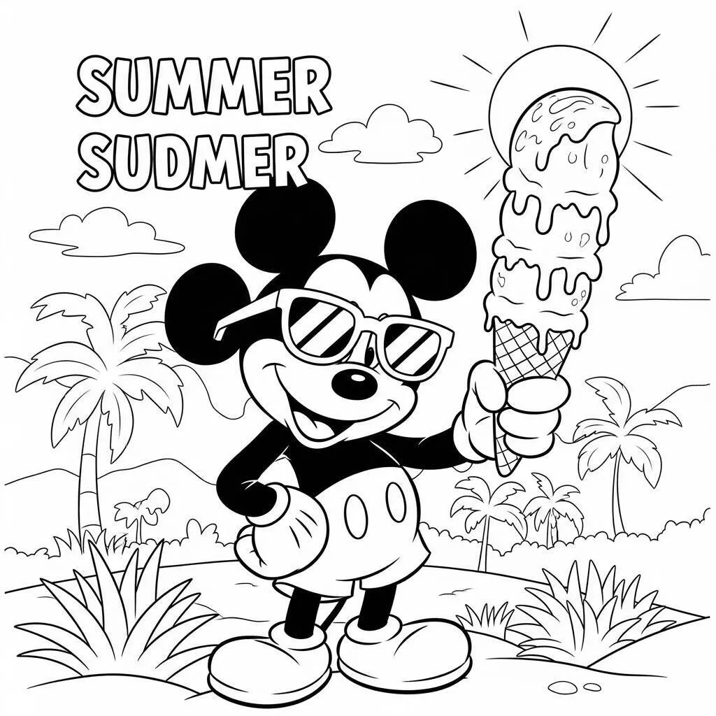 Desenho de Mickey Mouse em um Dia de Verão para Colorir