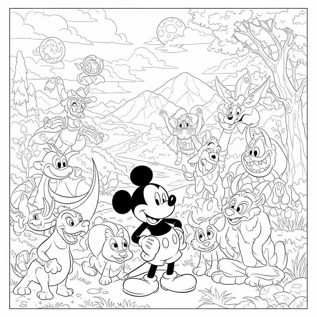 Desenho de Mickey Mouse em um Mundo de Fantasia para Colorir