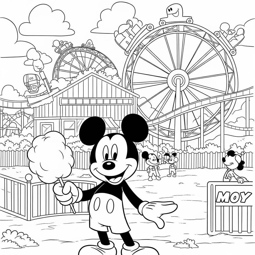 Desenho de Mickey Mouse em um Parque de Diversões para Colorir