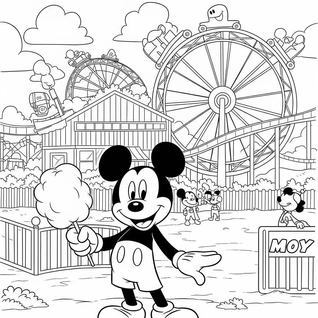 Desenho-de-Mickey-Mouse-em-um-Parque-de-Diversoes-para-Colorir Desenho de Mickey Mouse em um Parque de Diversões para Colorir