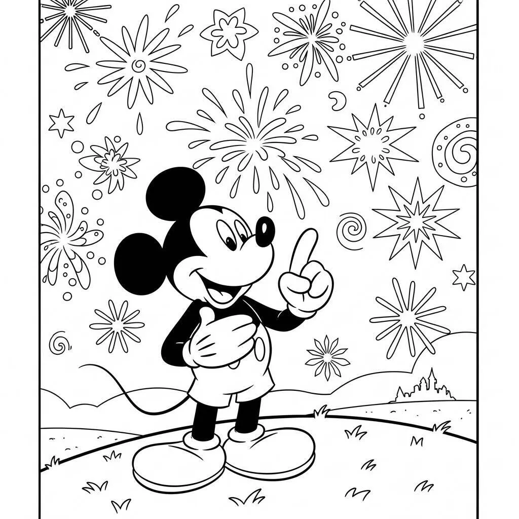 Desenho de Mickey Mouse em um Show de Fogos de Artifício para Colorir