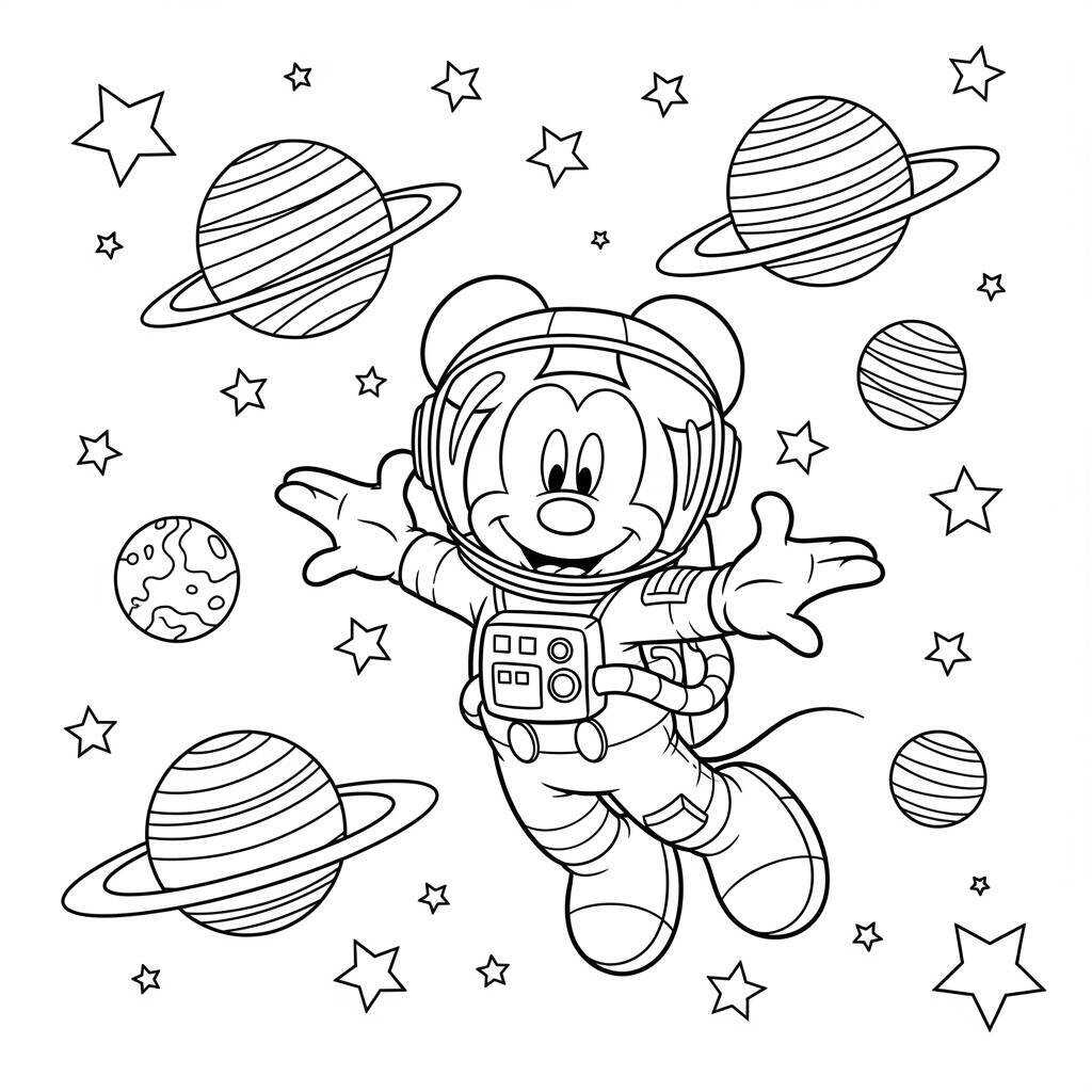 Desenho de Mickey Mouse em uma Aventura Espacial para Colorir