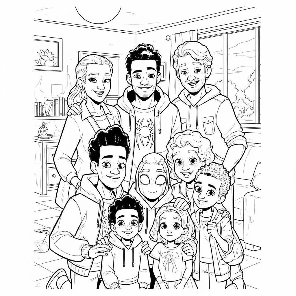 Desenho-de-Miles-Morales-e-a-Sua-Familia-para-Colorir Miles Morales and His Family Coloring Page