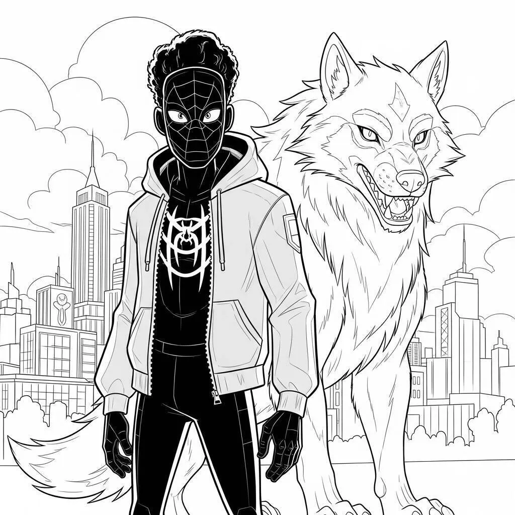 Desenho de Miles Morales e o Lobo para Colorir