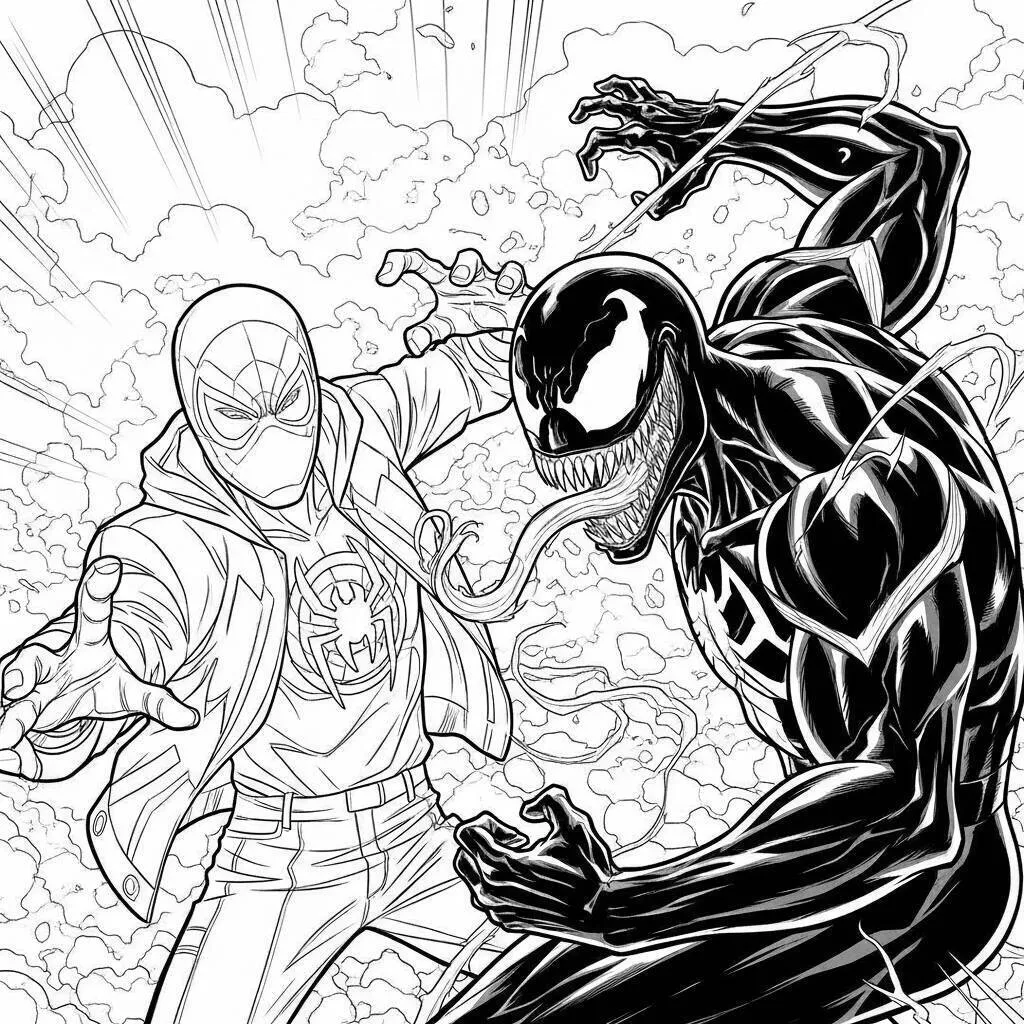 Desenho de Miles Morales e o Venom para Colorir