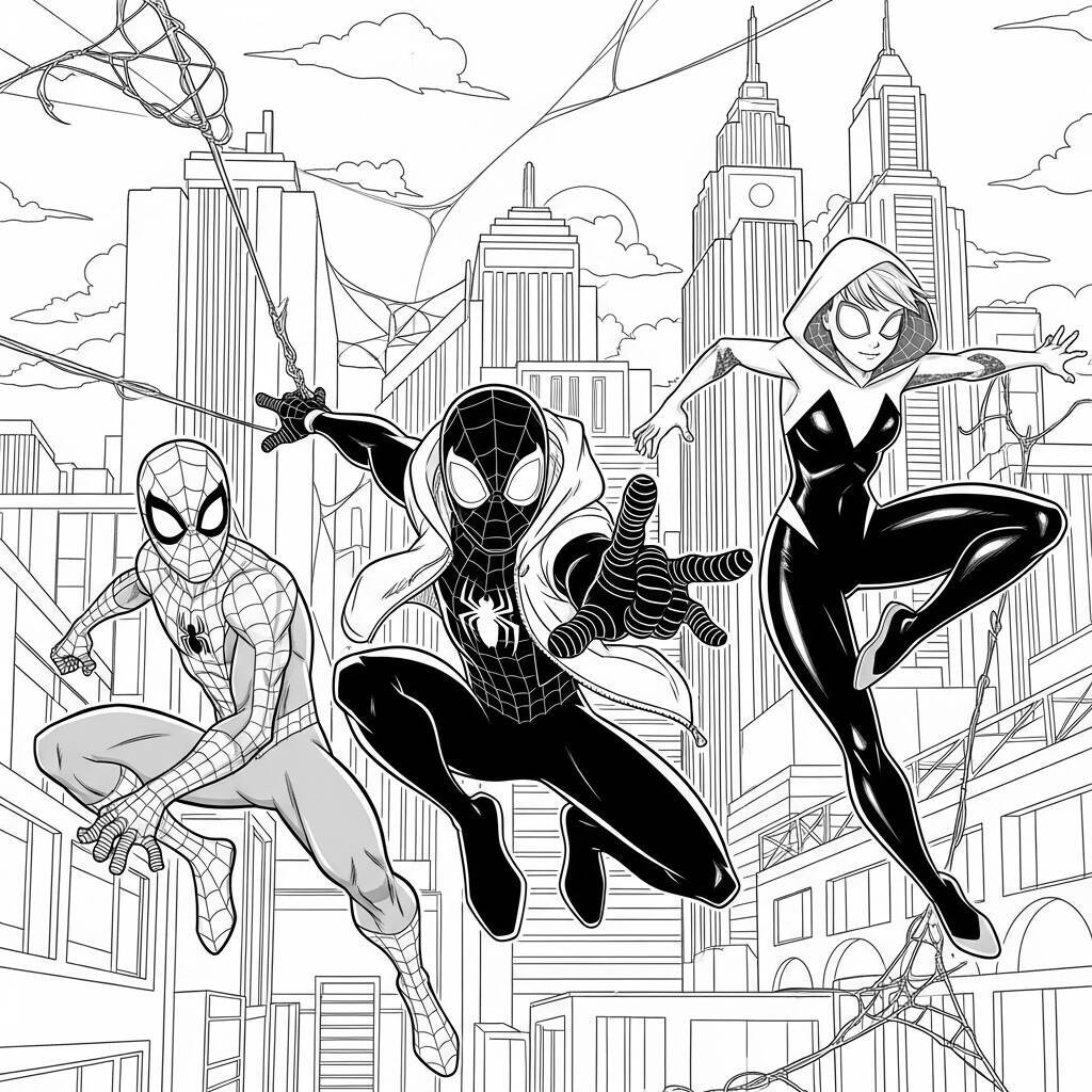 Desenho de Miles Morales e seus Amigos para Colorir