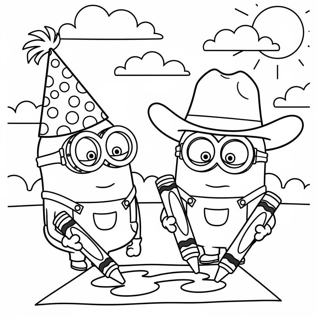 Desenho de Minions com Chapéus para Colorir