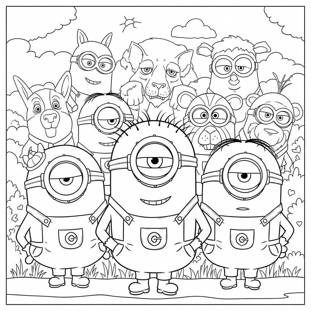 Desenho de Minions e Animais para Colorir