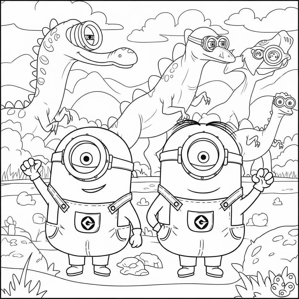 Desenho de Minions e Dinossauros para Colorir