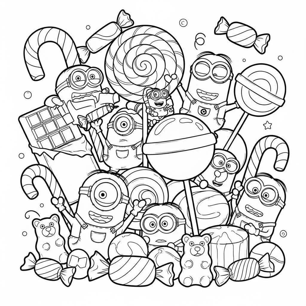 Desenho de Minions e Doces para Colorir
