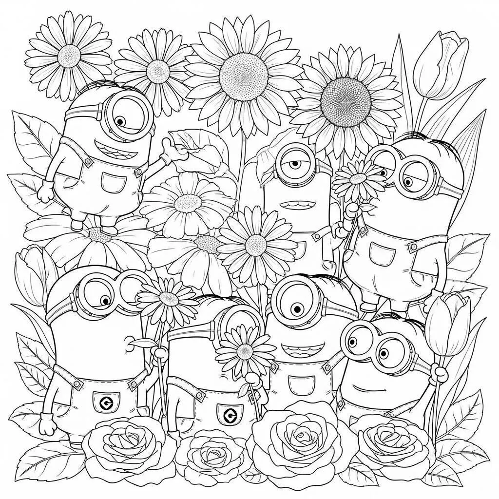 Desenho-de-Minions-e-Flores-para-Colorir Desenho de Minions e Flores para Colorir