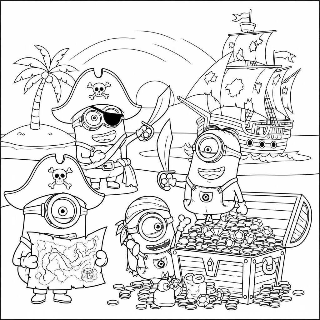 Desenho de Minions e Piratas para Colorir