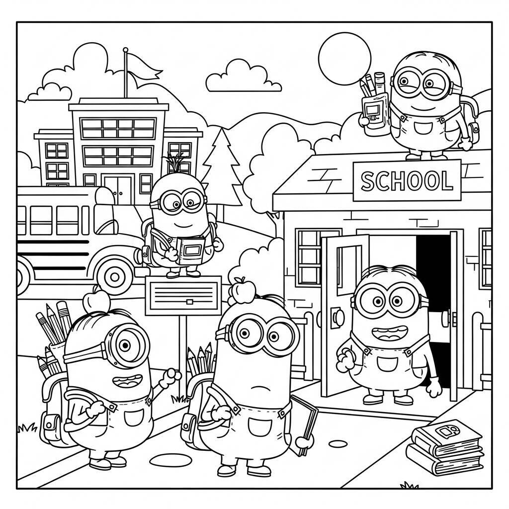 Desenho de Minions e a Volta às Aulas para Colorir