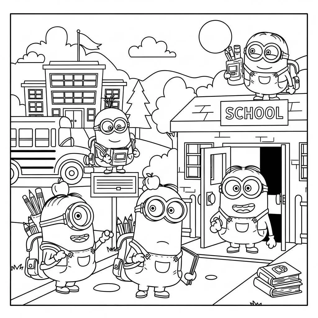 Desenho de Minions e a Volta às Aulas para Colorir