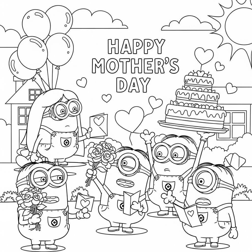 Desenho de Minions e o Dia das Mães para Colorir