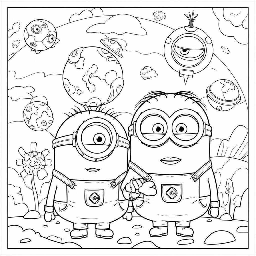 Desenho de Minions em um Aventuras Espaciais para Colorir