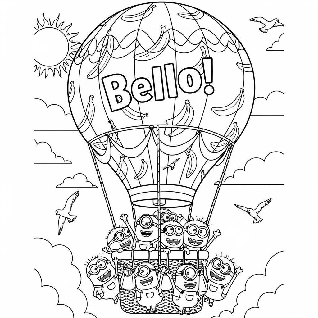 Desenho de Minions em um Balão de Ar Quente para Colorir