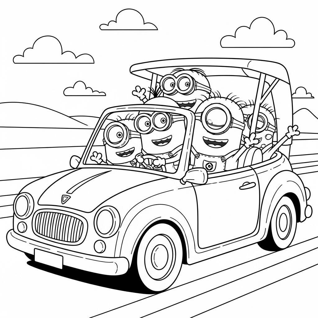 Desenho de Minions em um Carro para Colorir