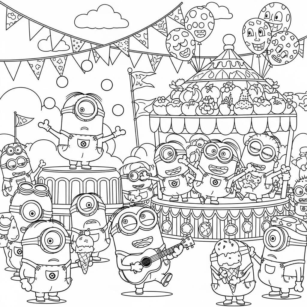 Desenho de Minions em um Festival para Colorir