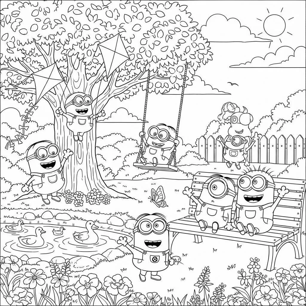 Desenho de Minions em um Parque para Colorir