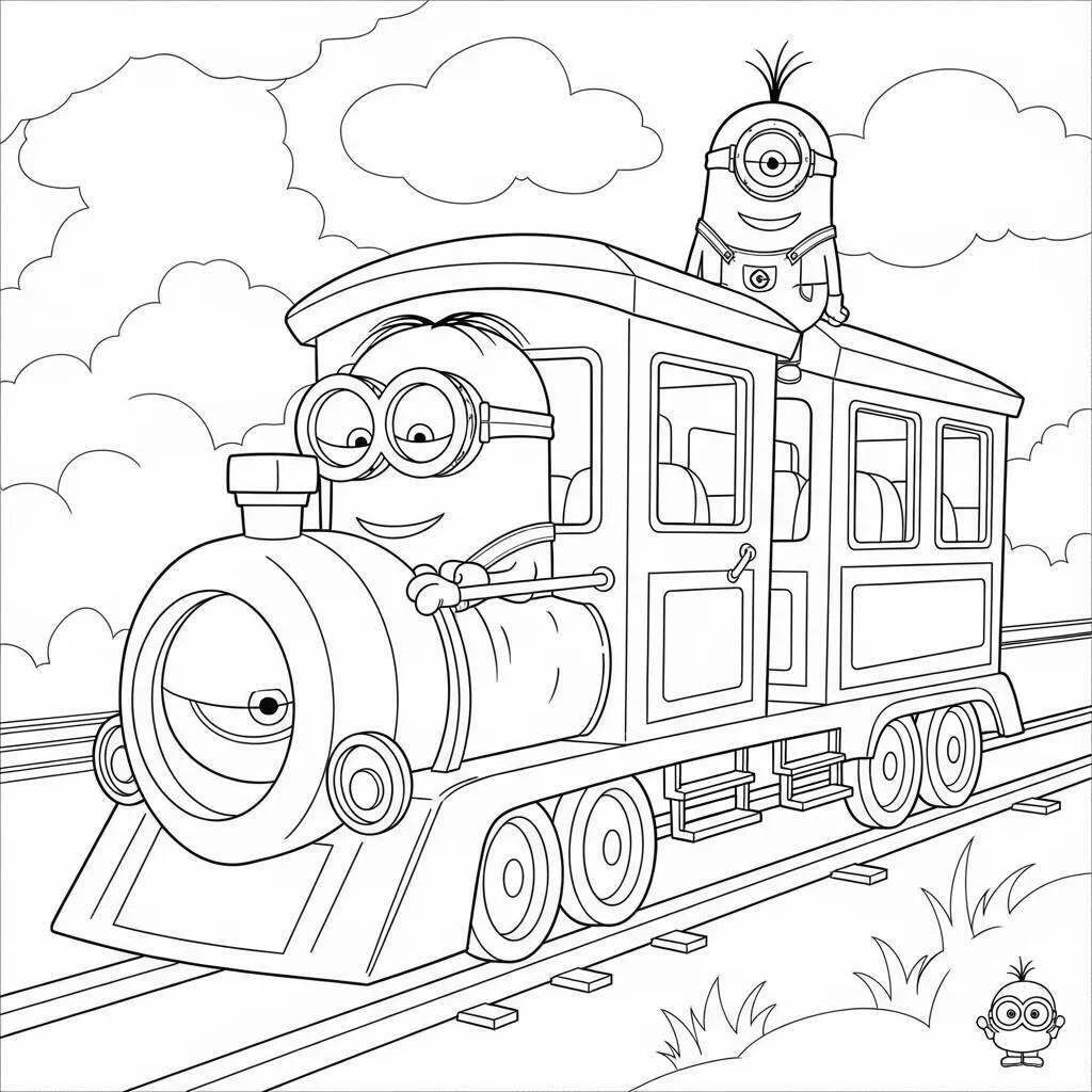 Desenho-de-Minions-em-um-Trem-para-Colorir Desenho de Minions em um Trem para Colorir