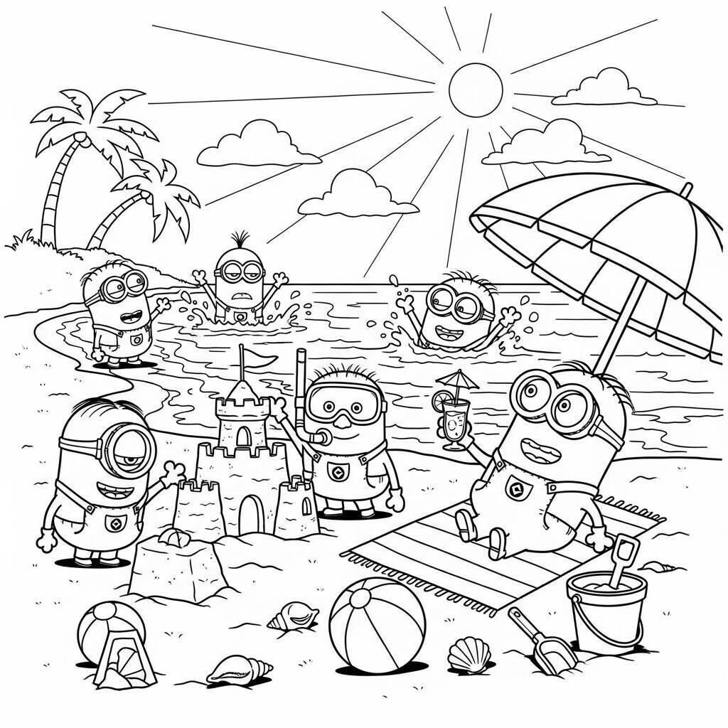 Desenho de Minions na Praia para Colorir