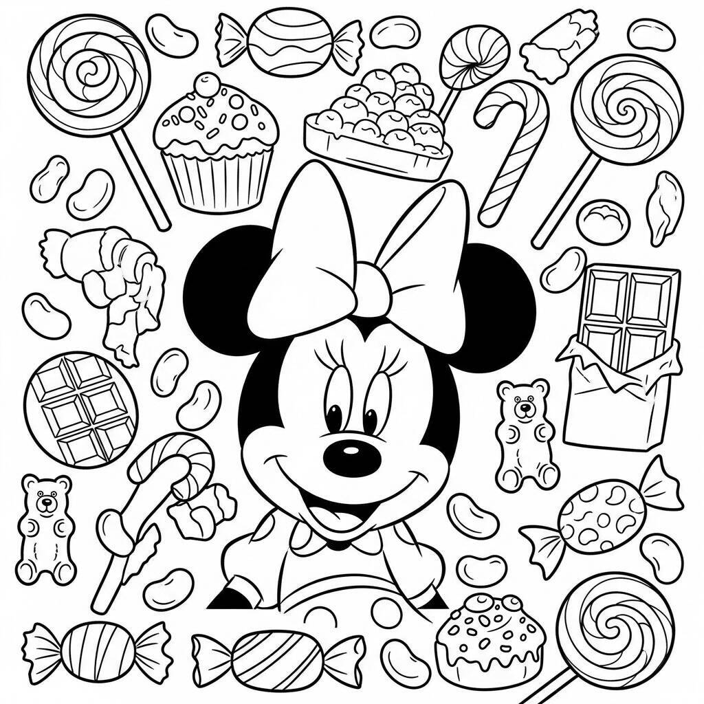 Desenho de Minnie Mouse com Doces para Colorir