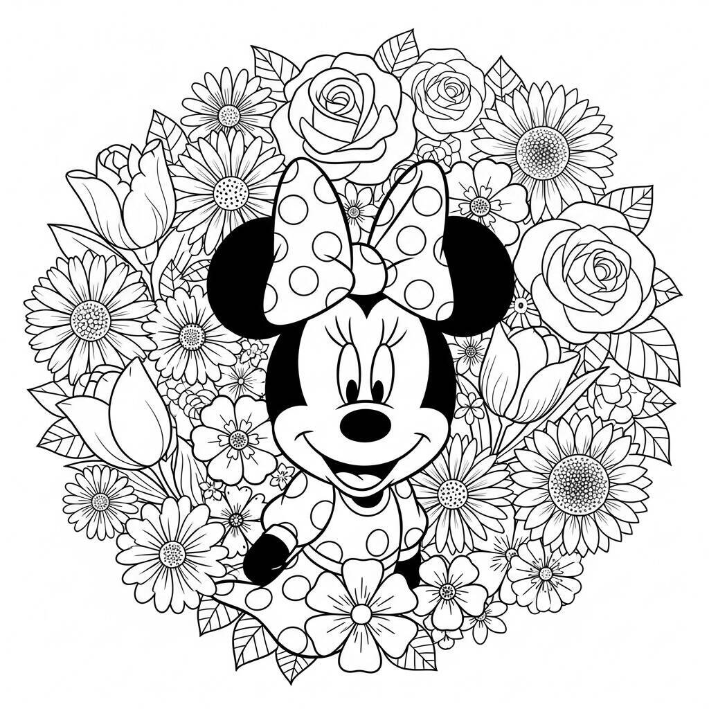 Desenho de Minnie Mouse com Flores para Colorir