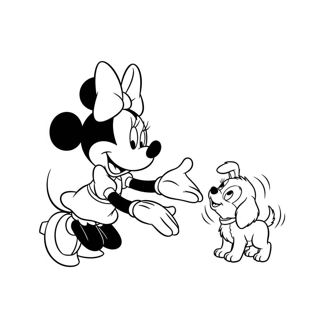 Desenho de Minnie Mouse com um Cachorrinho para Colorir