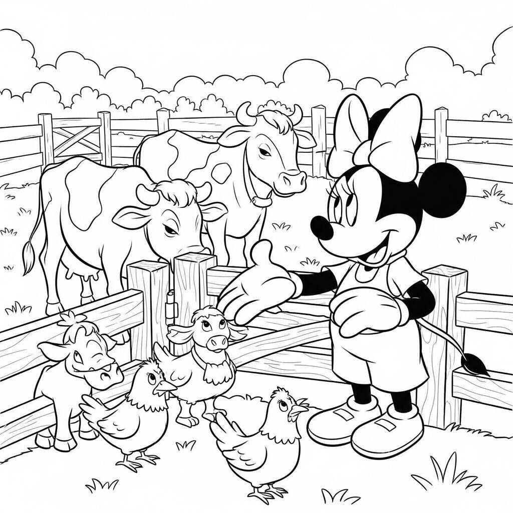 Desenho de Minnie Mouse e Animais da Fazenda para Colorir