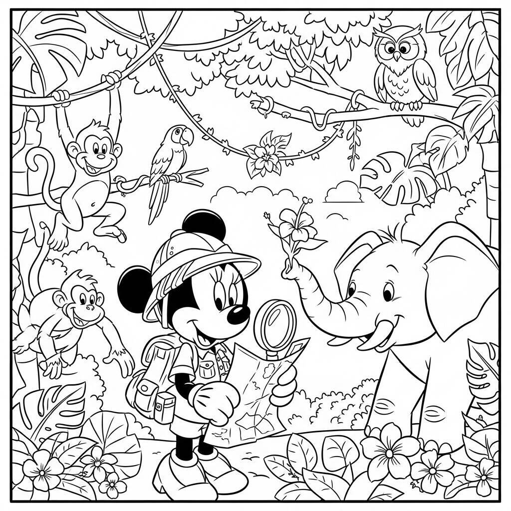 Desenho de Minnie Mouse e Aventura na Selva para Colorir