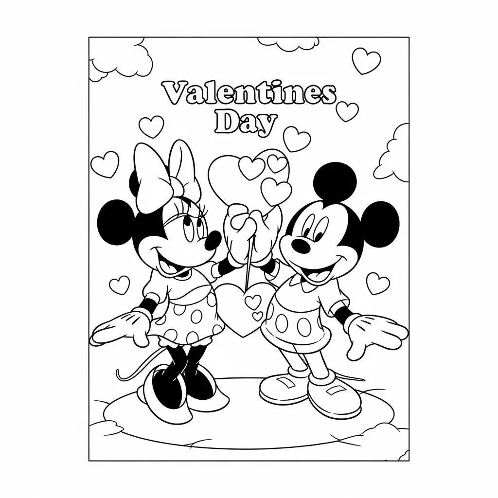 Desenho de Minnie Mouse e Mickey no Dia dos Namorados para Colorir