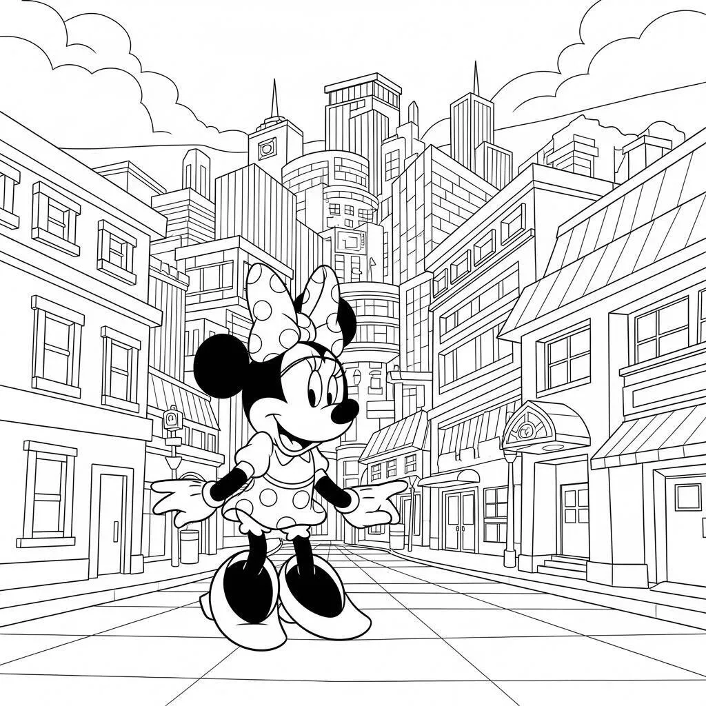 Desenho de Minnie Mouse e a Cidade para Colorir