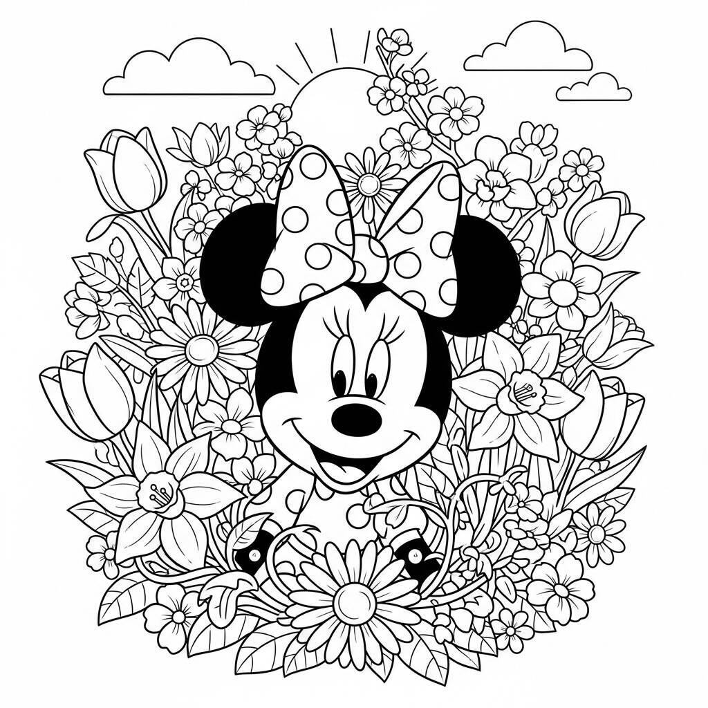 Desenho de Minnie Mouse e a Primavera para Colorir